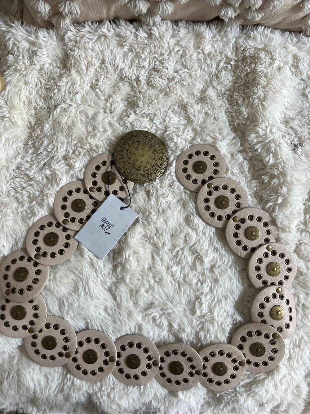 NWT | Princess Polly Beige Medallion Leather Belt with Brass Discs, Size S/M